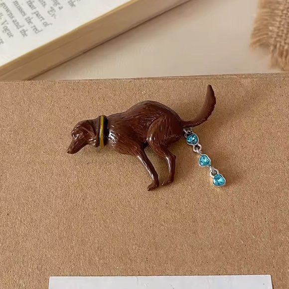 Pooping Brown Dog Brooch with Blue Accents - Picture 7 of 7